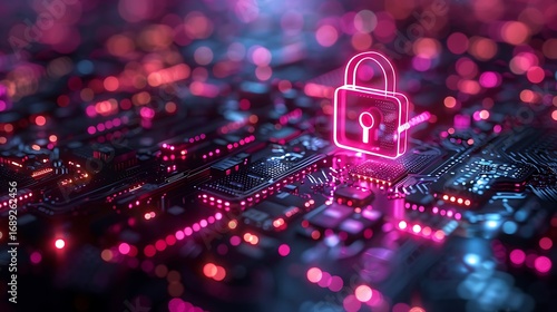 Glowing neon padlock symbolizes digital security and data protection on futuristic circuit board backdrop