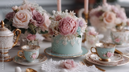 A dreamy vintage birthday setup with a soft pastel-colored cake surrounded by antique teacups, lace napkins, and floral accents for a charming atmosphere