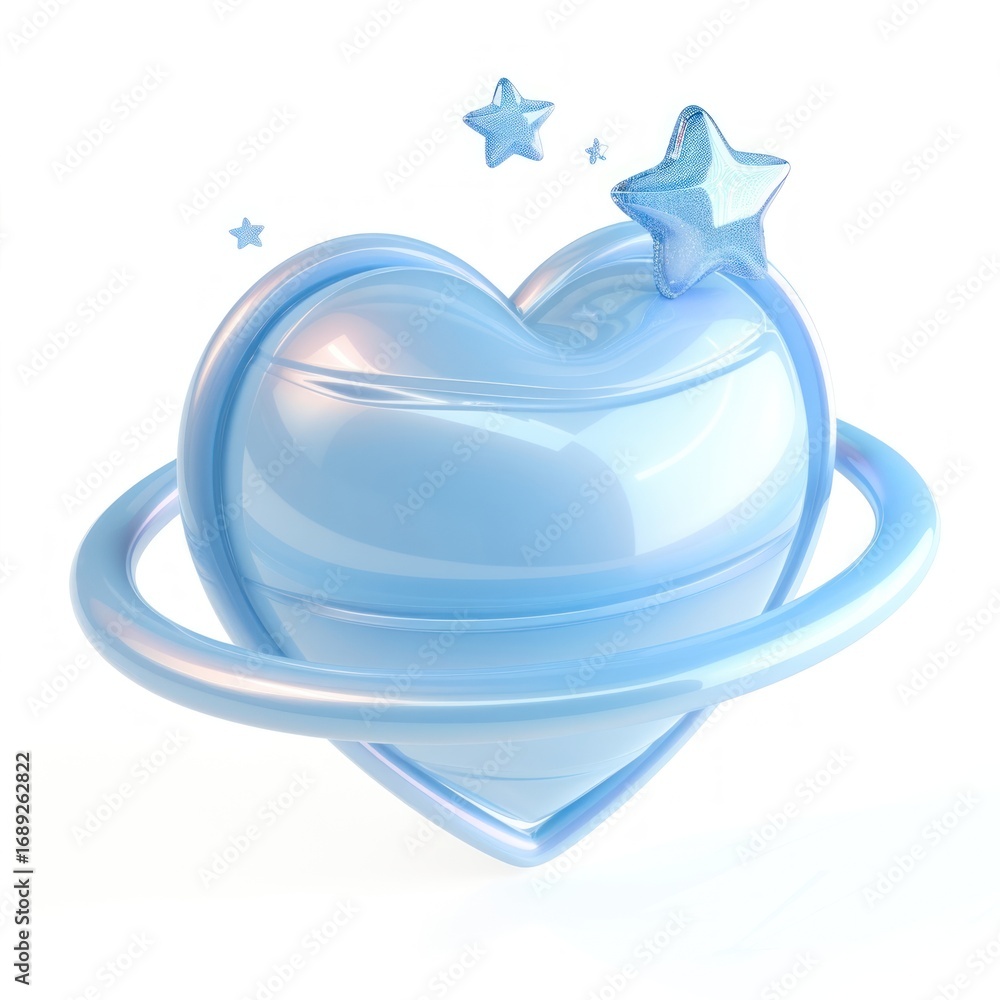 Fototapeta premium Heart shaped surrounded by planet Saturn ring stars blue illustration.
