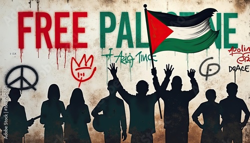Silhouettes of people holding a palestinian flag in front of a graffiticovered wall with the words free palestine
