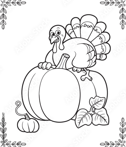 Thanksgiving traditional coloring page for kids and adults, Cute cartoon turkey playfully peeking from behind a pumpkin black line art vector illustration for coloring book design