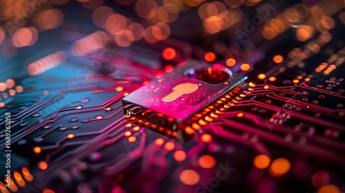 Secure digital circuit board with glowing lock symbol represents cybersecurity and technology innovation