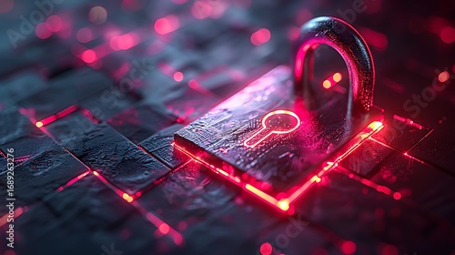 Secure digital lock glowing with neon red light, symbolizing cybersecurity and data protection