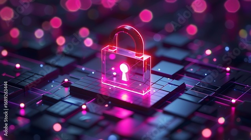 Digital padlock secures glowing circuit board with vibrant neon data streams creating secure network