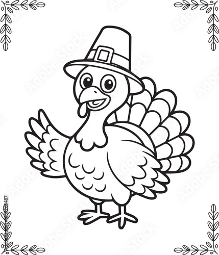 Thanksgiving traditional coloring page for kids and adults, Adorable cartoon turkey wearing a pilgrim hat and smiling black line art vector illustration for coloring book design 