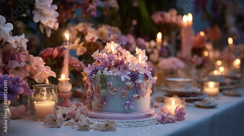 A fairy-tale garden birthday setup with a cake surrounded by fresh flowers, delicate lace, and soft candlelight, evoking a magical atmosphere