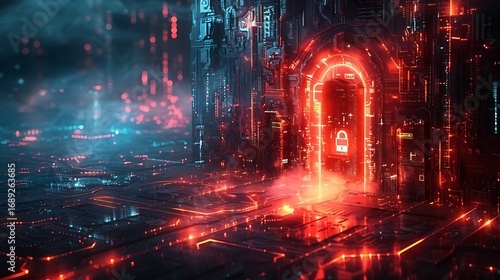 Secure digital gateway glowing red, symbolizing data protection and cyber security in a futuristic network