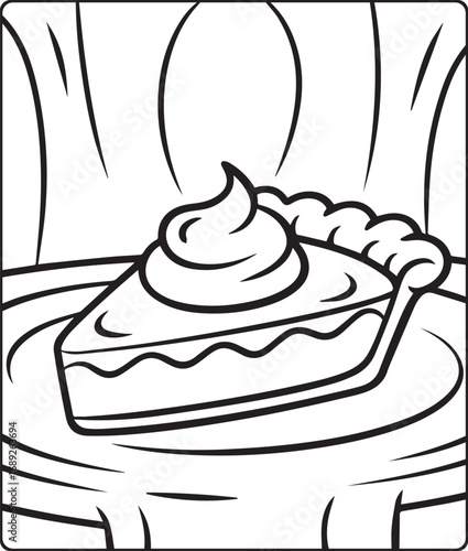 Thanksgiving traditional coloring page for kids and adults, Cartoon pumpkin pie slice with whipped cream on top black line art vector illustration for coloring book design 