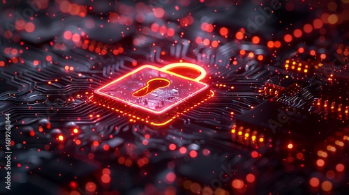 Glowing digital padlock symbol on circuit board, representing cybersecurity and data protection