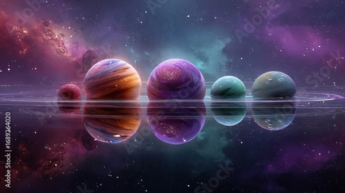 Five colorful planets are reflected in a dark liquid, space nebula background above