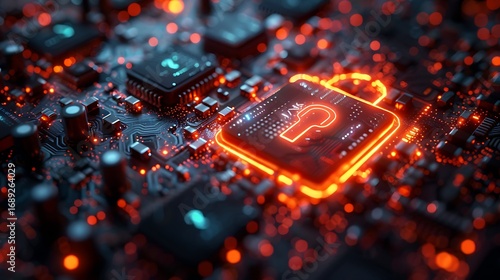 Secure digital data protection concept with glowing padlock on futuristic circuit board