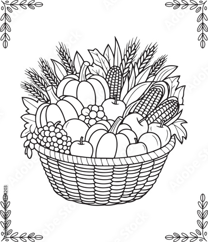Thanksgiving traditional coloring page for kids and adults, Large harvest basket filled with pumpkins, corn and vegetables black line art vector illustration for coloring book design