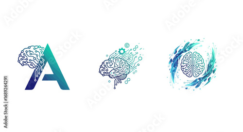 Artificial intelligence brain logo designs with circuitry and gradients