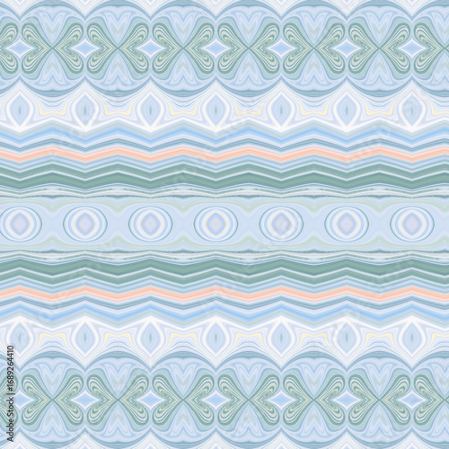 Soft pastel seamless abstract pattern with clover shapes and stripes, ideal for fabrics, wallpapers, and calming design projects.