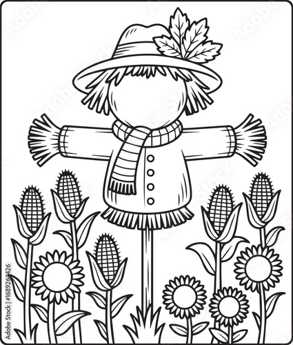 Thanksgiving traditional coloring page for kids and adults, Scarecrow with a smiling face standing in a field black line art vector illustration for coloring book design 