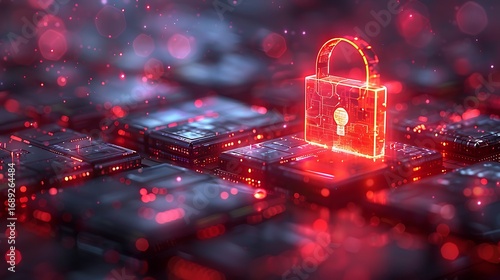 Glowing digital padlock secures futuristic circuit board data, representing cybersecurity and protection
