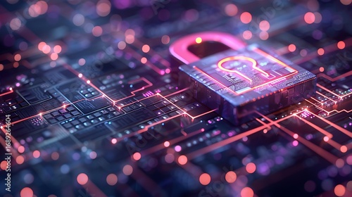 Secure digital network connection with glowing padlock on circuit board, representing cybersecurity and data protection