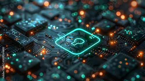 Secure digital network with glowing key icon on circuit board, representing cybersecurity and data protection.