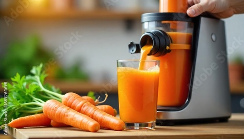 Freshly juiced carrots, vibrant orange liquid pouring from a juicer into a glass Healthy, nutritious, delicious, and revitalizing Perfect for a healthy lifestyle , diet, blend, machine