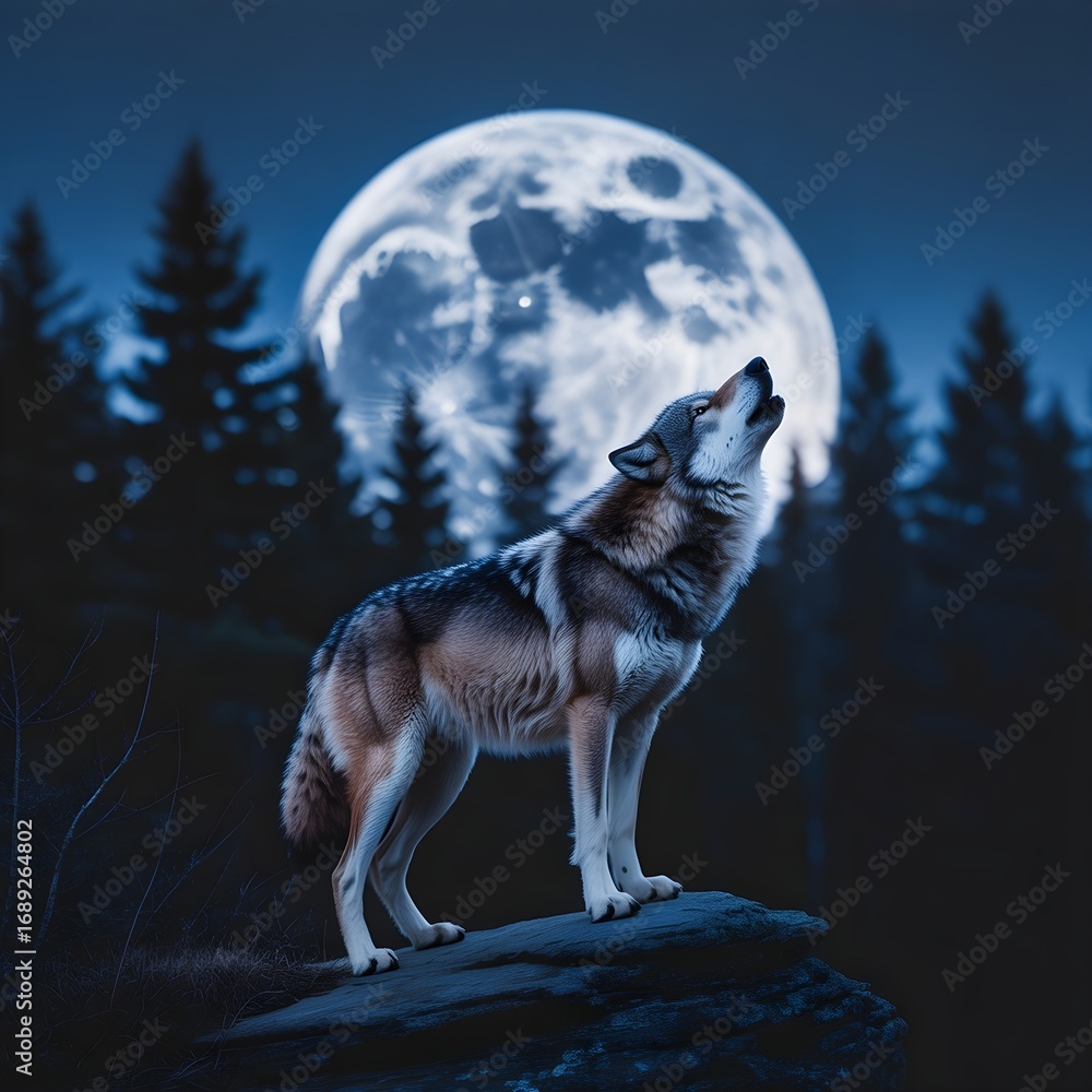 Naklejka premium A bold silhouette of a wolf standing on a cliff, howling at a giant full moon with a pine forest inside the moon’s glow. Clean lines make it perfect for a striking T-shirt graphic