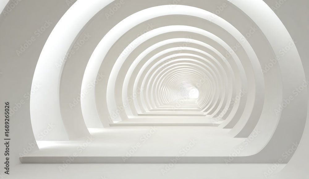 Fototapeta premium A minimalist, architectural pathway of concentric arches leads to a bright, distant light source, creating a sense of infinite depth and ethereal tranquility.