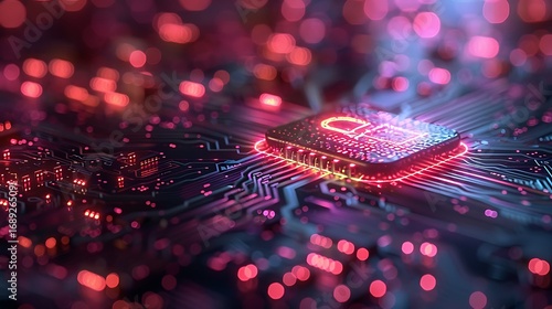 Dynamic glowing microchip on circuit board, symbolizing digital innovation and advanced technology