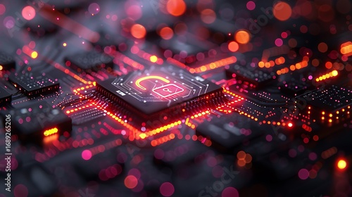 Digital padlock secures glowing circuit board with vibrant neon data streams creating secure network