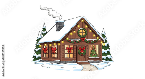 A cozy, snowy Christmas cabin decorated with lights and ornaments.