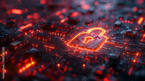 Glowing digital padlock symbolizes cyber security and data protection on abstract circuit board