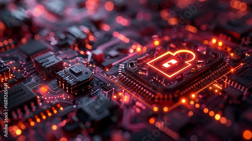 Glowing neon circuit board with lock icon signifies digital security and advanced technology innovation