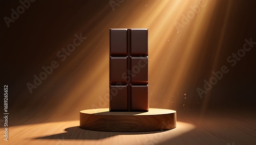 Chocolate Bar Temptation: A meticulously crafted, richly dark chocolate bar stands gracefully atop a sleek, minimalist wooden podium. Bathed in dramatic spotlight