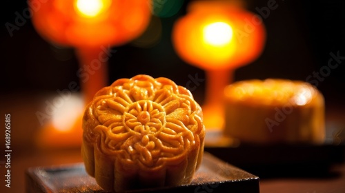 Two beautifully crafted mooncakes on a wooden tray, bathed in warm orange light,