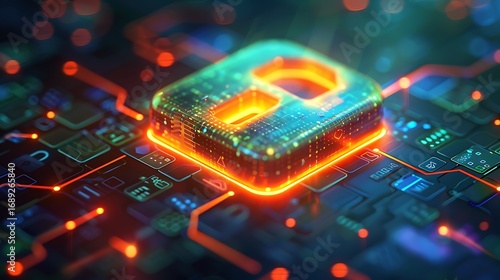 Secure digital data encryption glowing on futuristic circuit board, cyber protection concept