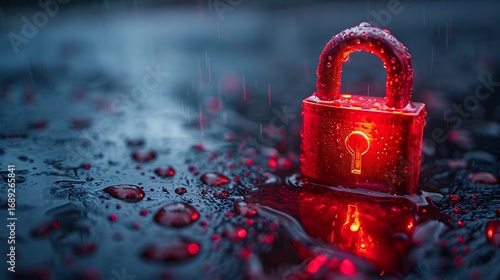 Digital padlock secures glowing circuit board with vibrant neon data streams creating secure network