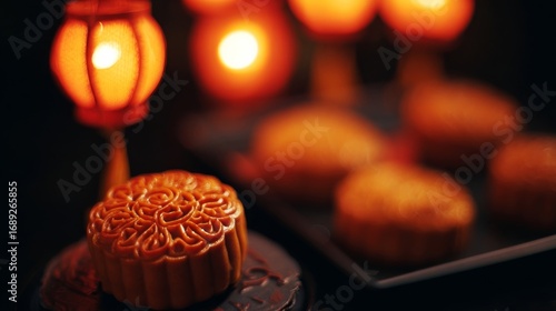 Traditional festive scene featuring mooncakes with intricate spiral patterns, adorned with red lanterns,