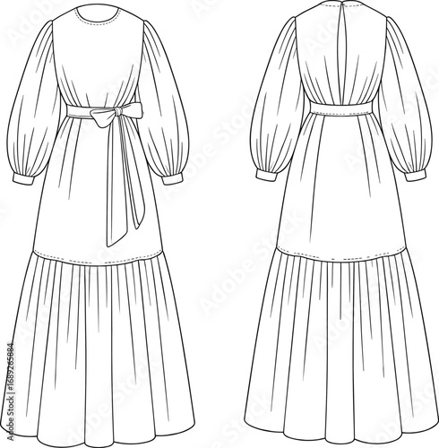 Long sleeve belted maxi dress fashion technical sketch, back and front view, detailed outline, cad drawing, flat vector illustration