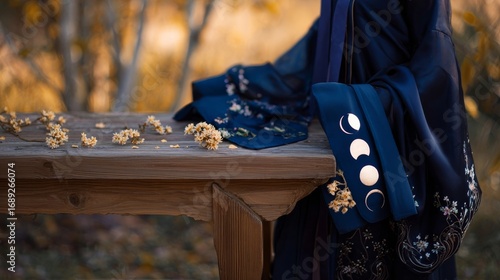 A person in elegant navy blue robes adorned with moon phases stands by a rustic wooden table with dried flowers,