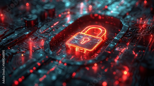 Digital padlock secures glowing circuit board with vibrant neon data streams creating secure network