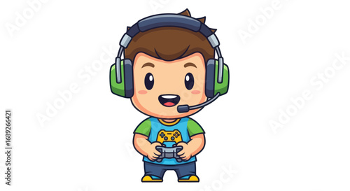 Cartoon Boy Gamer with Headset and Controller, Ready to Play.