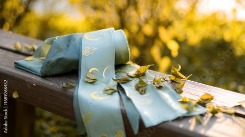 Serene autumn scene with blue fabric featuring golden patterns and crescent moons, draped on wood under golden leaves,