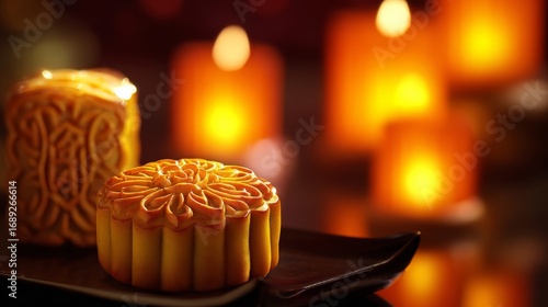 Two intricately designed mooncakes glow under warm candlelight,