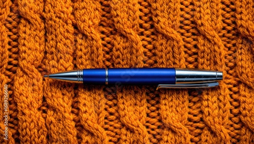 Blue pen resting on orange cable knit fabric.