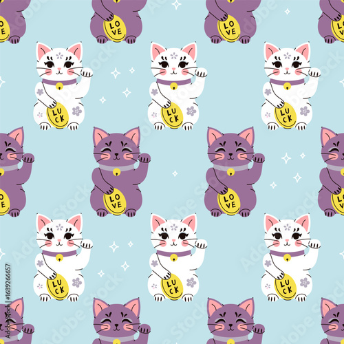 Seamless pattern with happy maneki neko cats. Vector graphics.