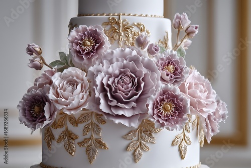 A fancy wedding cake decorated with exquisite sugar flowers, perfect for an elegant celebration