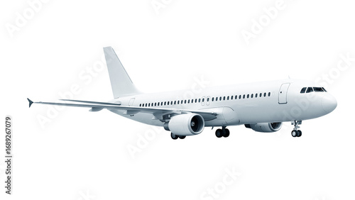 White commercial jet with two jet engines and landing gear, viewed from the corner front, isolated on a transparent background for infographics and educational projects.