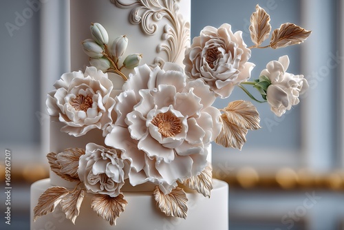 A fancy wedding cake decorated with exquisite sugar flowers, perfect for an elegant celebration