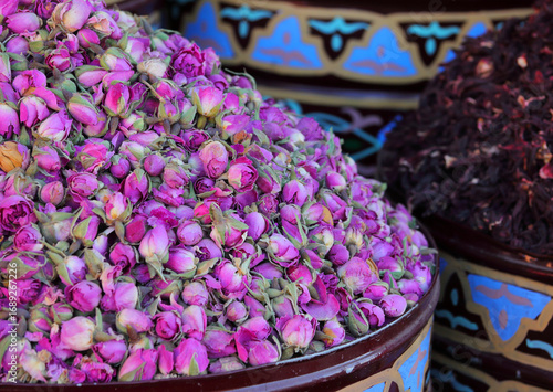 Canvas Print Morocco, Marrakesh, dried Muscat roses from the Draa Valley on display in one of the medieval Medina's many souks
