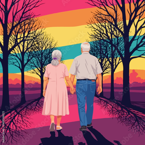 Loving Elderly Couple Tenderly Walking Hand-in-Hand Through Sunset Woods