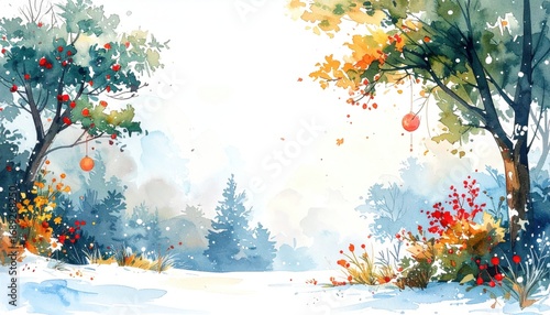 watercolor scenery of a snowy winter forest with trees and festive decorations