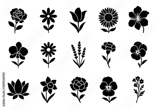 Botanical silhouettes: icon set of various black flower designs